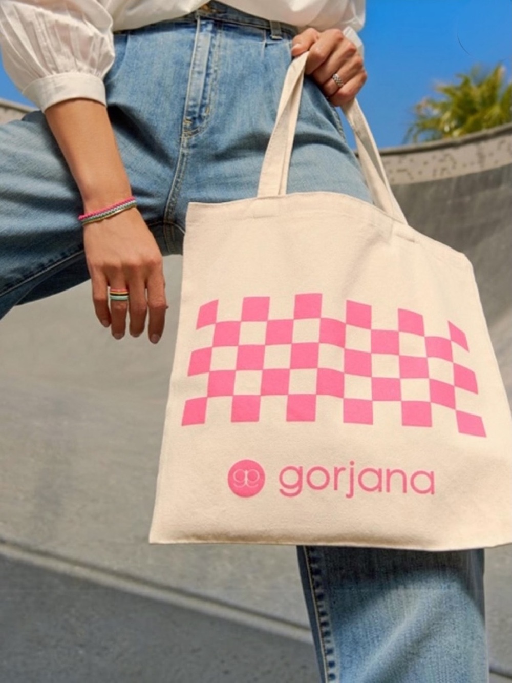 Gorjana Pink Checker Canvas Tote Bag